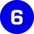 A white number 6 in a blue circular background.