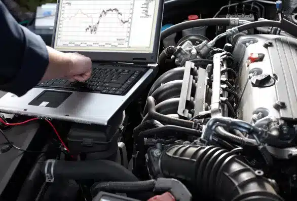 A person using a laptop to diagnose a car engine issue.