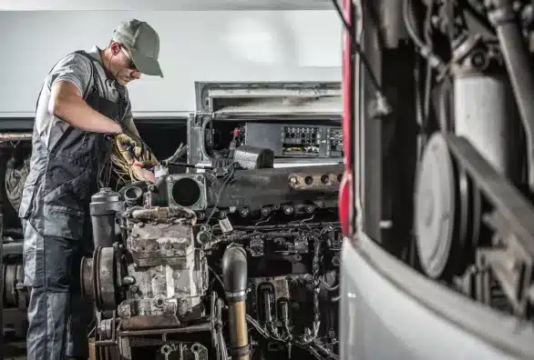 A Mechanic in overalls fixing a car engine under the hood.