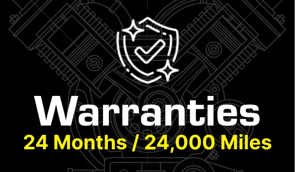 An image displaying a warranty advertisement. It features a shield icon with a checkmark and sparkles, accompanied by the text "Warranties" in bold white letters. Below, it states "24 Months / 24,000 Miles" in bright yellow text, all set against a technical drawing background.